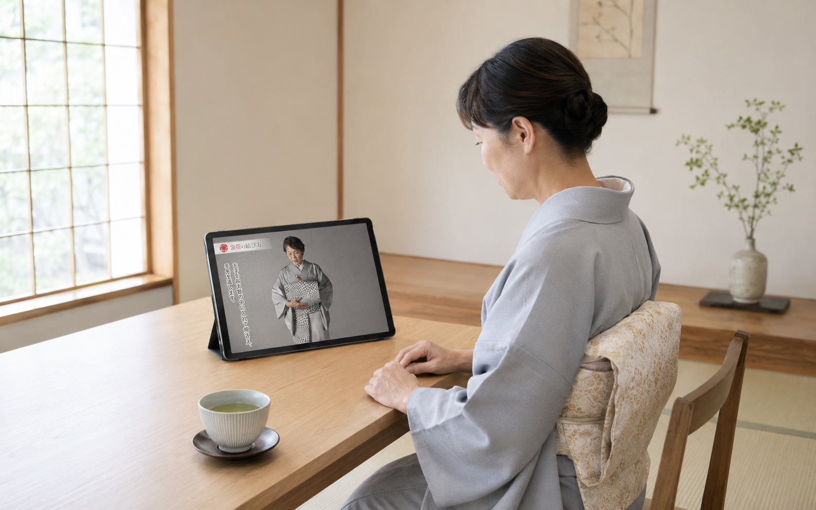 映像教材を見ながら自宅で着付けを復習する女性