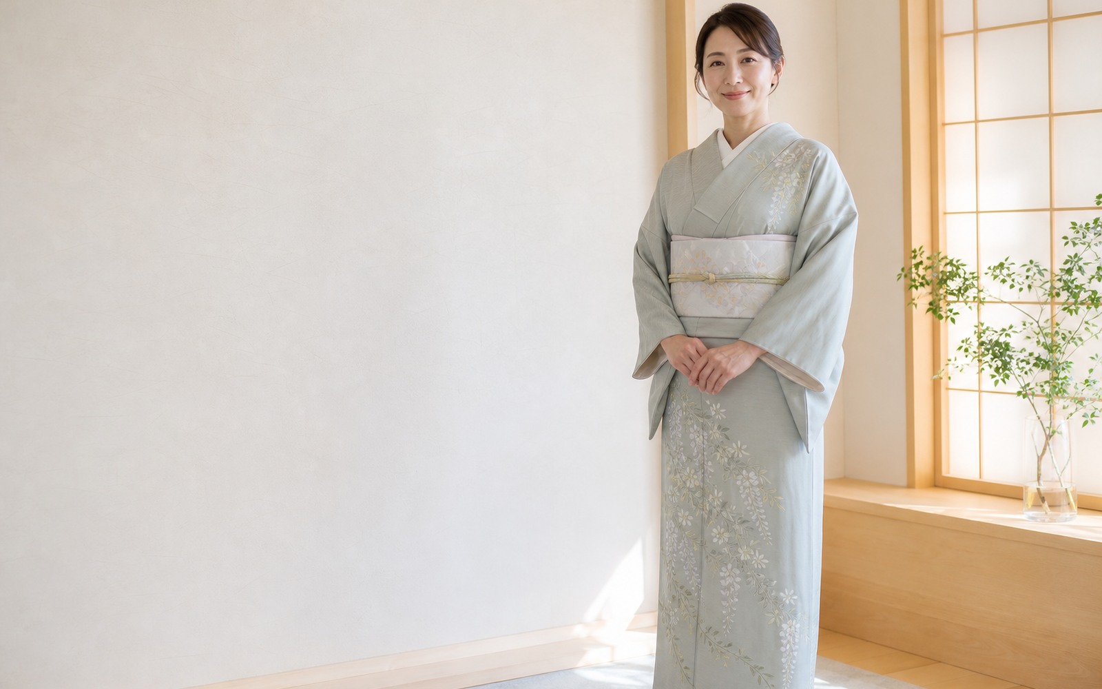 淡いセージ色の着物を上品に着こなす女性