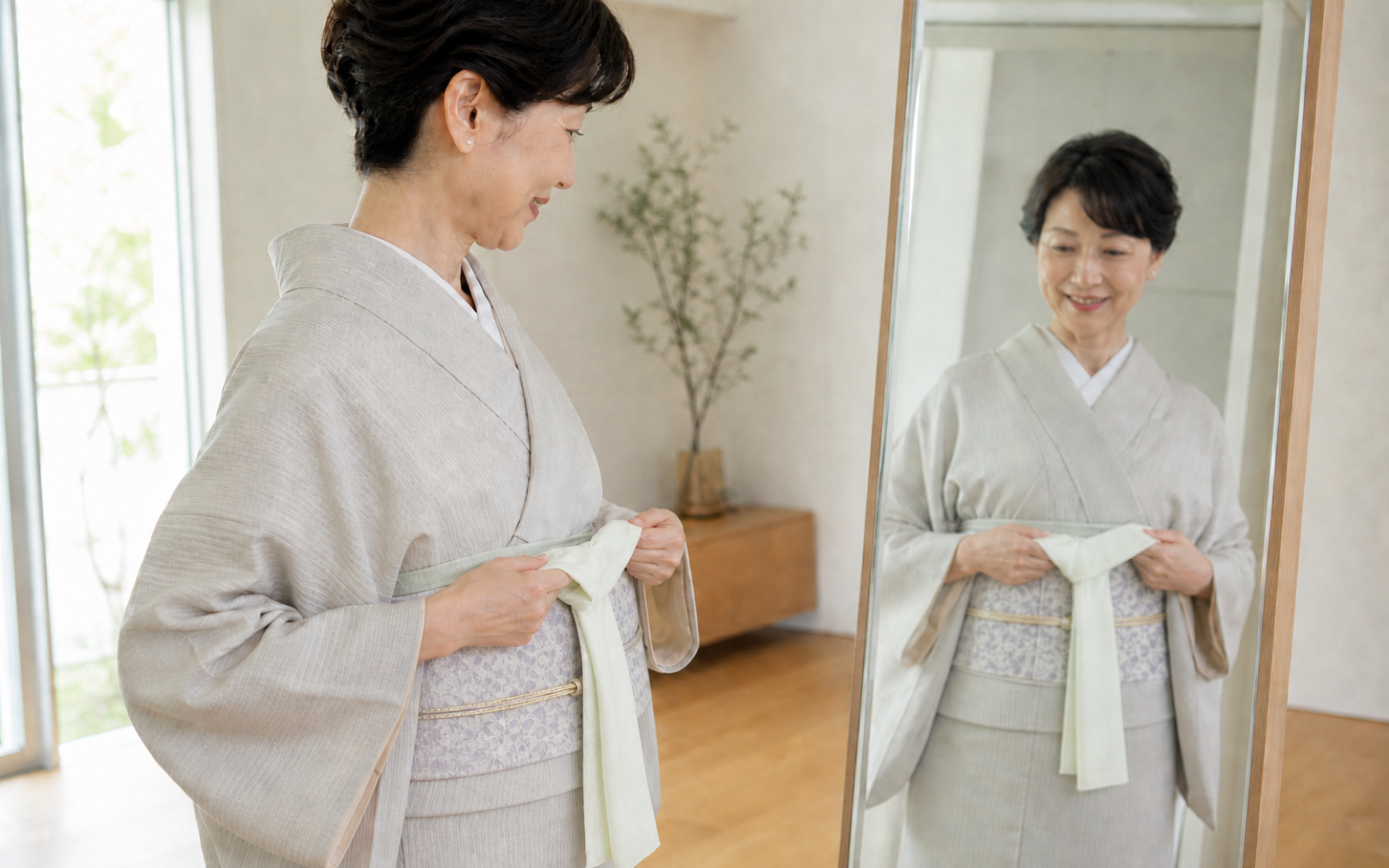 鏡を見ながら前結びの着付けを練習する女性