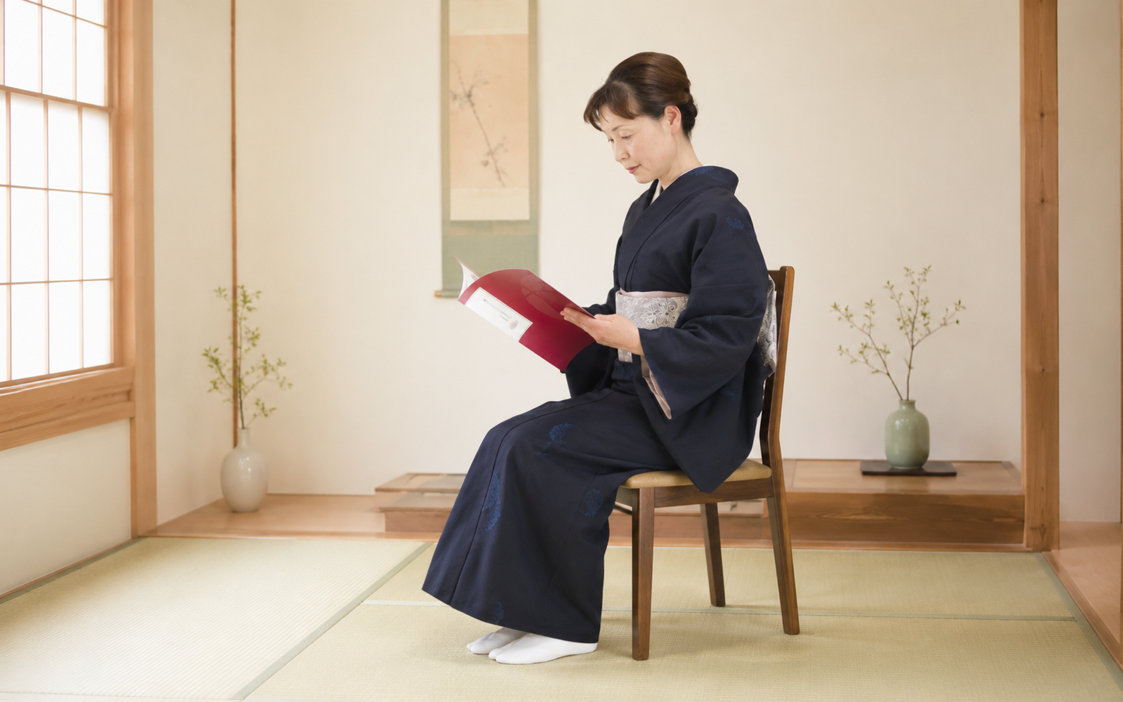 フルカラーのテキストを見ながら講師と着付けを学ぶ受講生