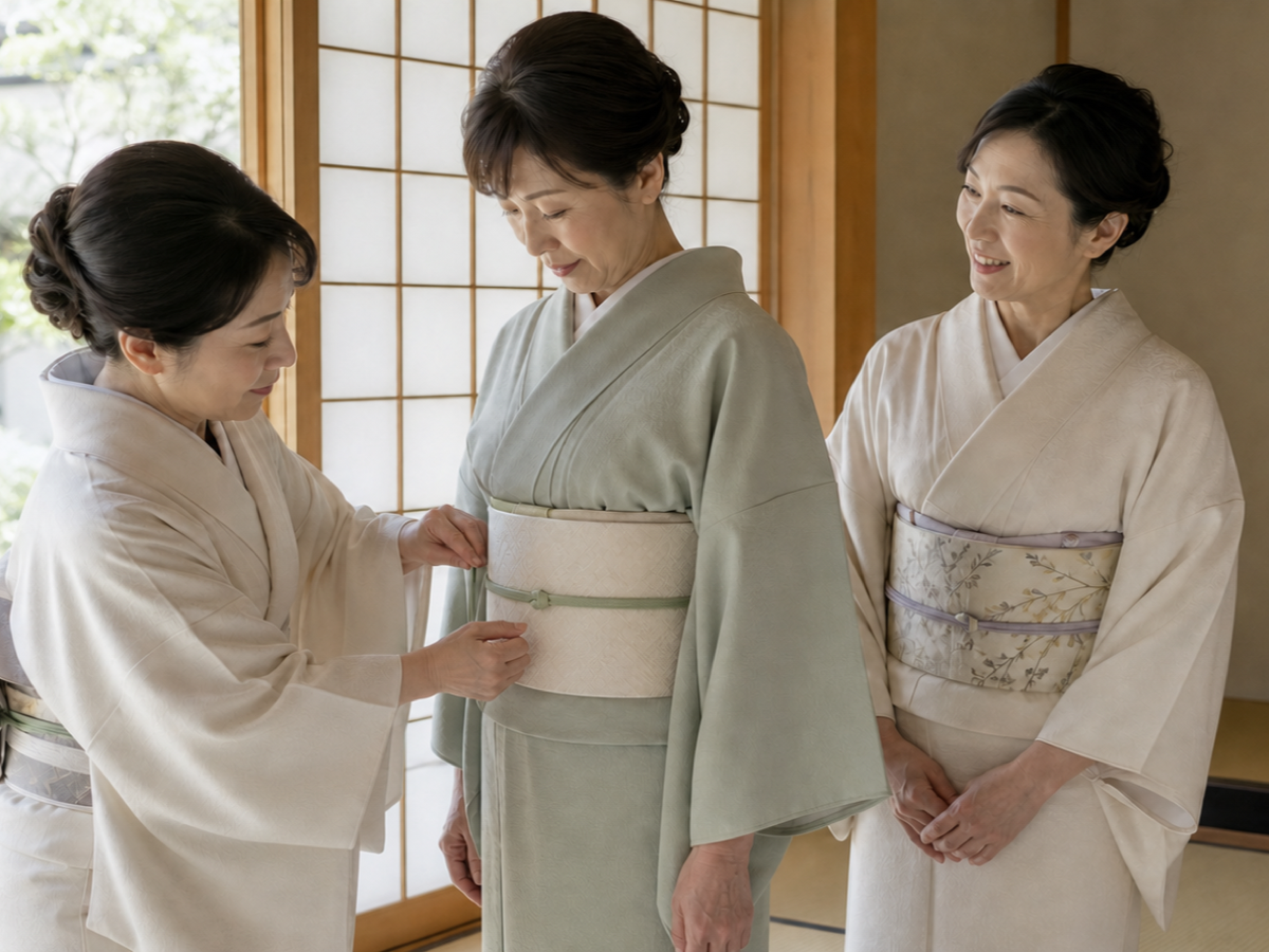 講師と仲間と一緒に着付けを学ぶ女性たち